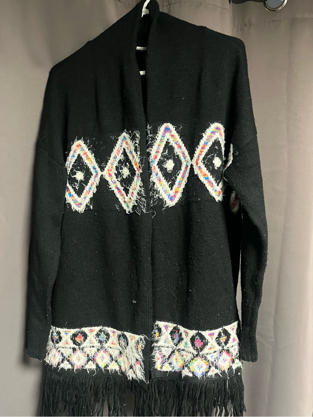 Black Fringe Open-Front Sweater Cardigan with Multicolor Diamond Trim